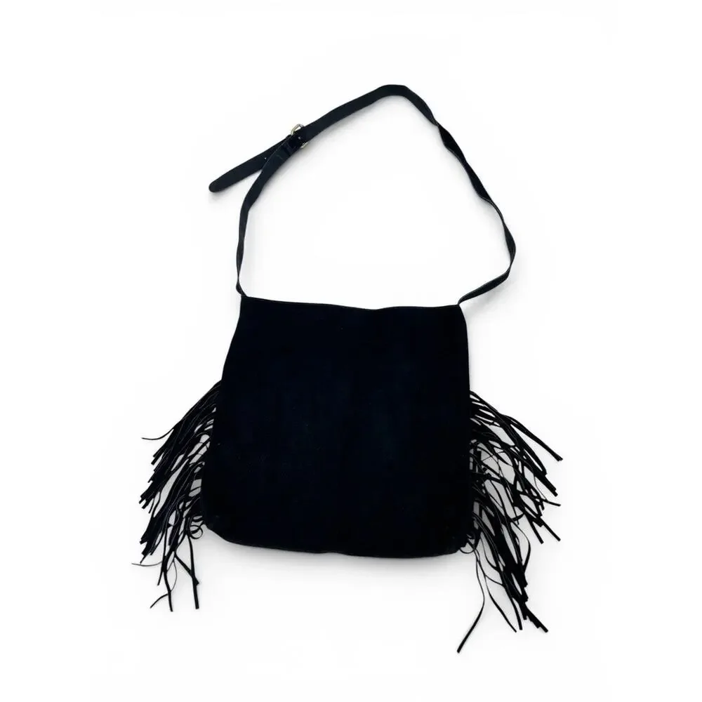 Vintage Steve Madden Black Suede Leather Fringe Studded Crossbody‎ Bag Shoulder